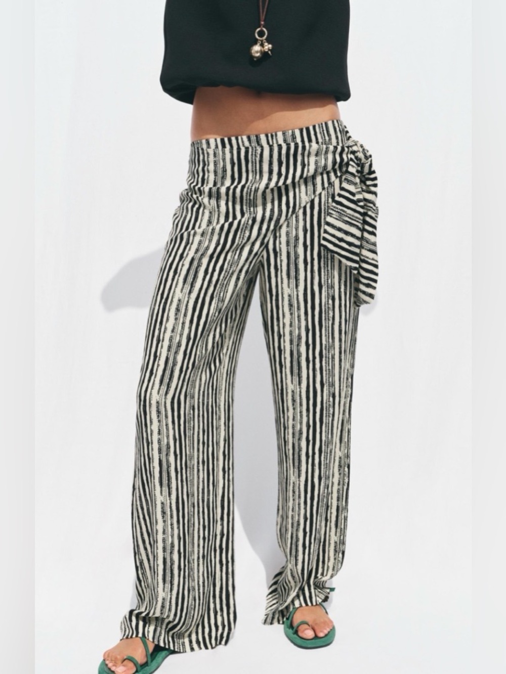 Zara Striped Tie-Waist Wide Leg Pants -
